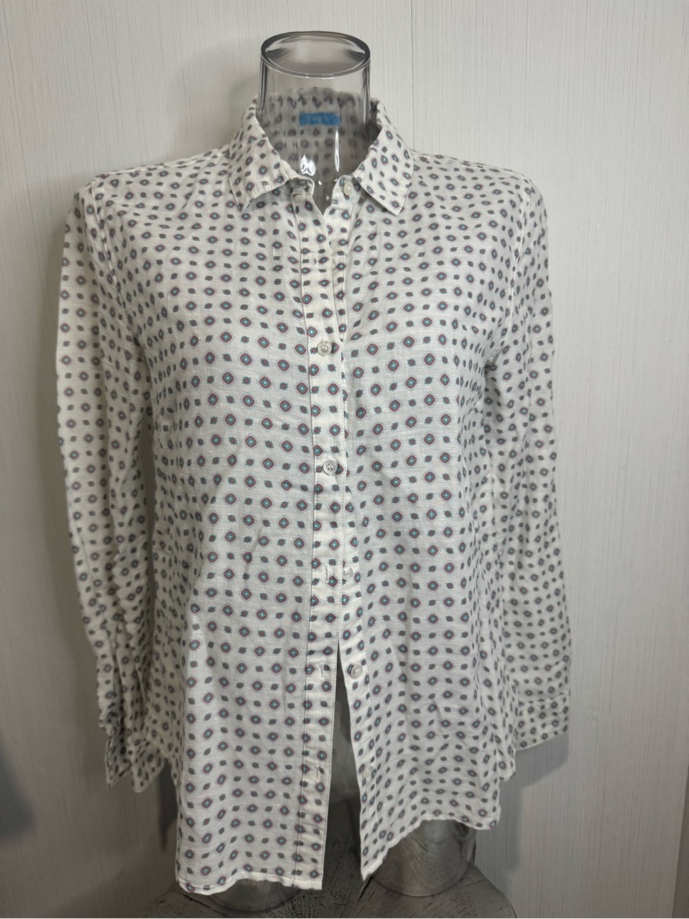 J. McLaughlin Blouse. Size 8. Blue with Teal Print. Linen & Cotton. No flaws!